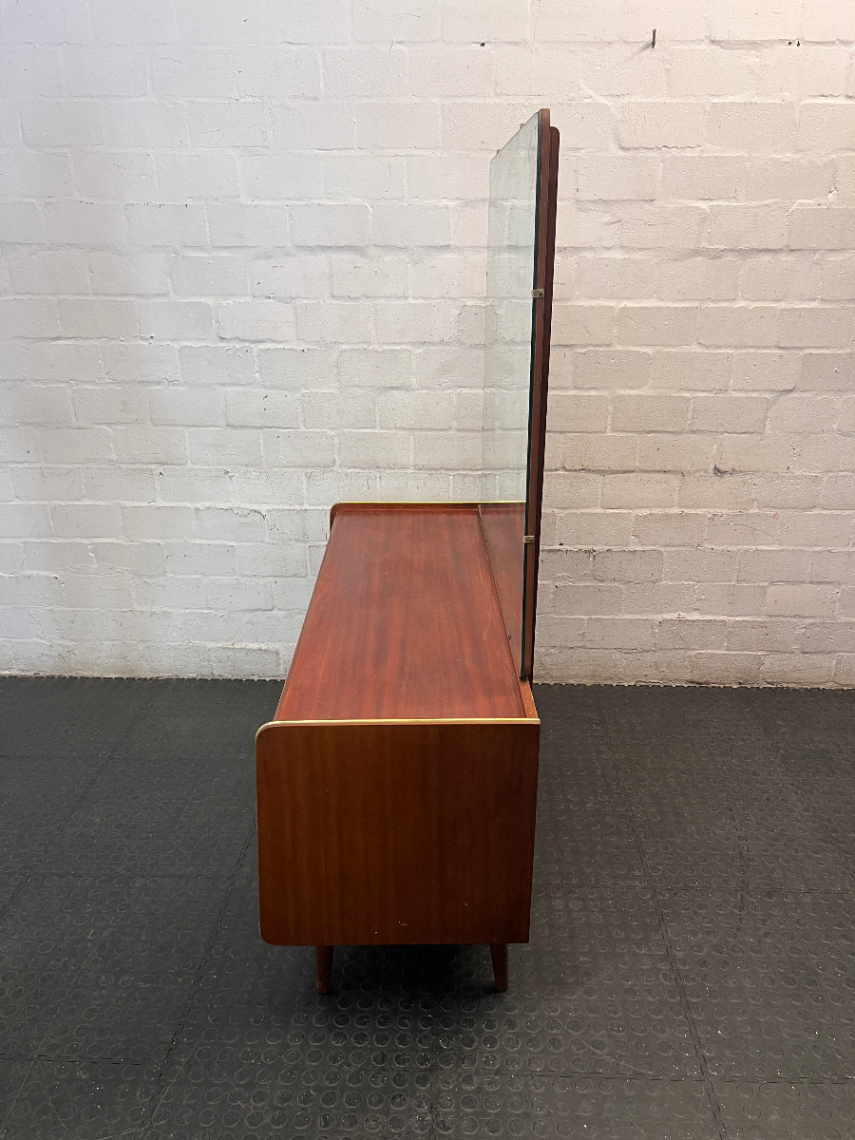 Mid-Century Style Wooden Dressing Table with Large Mirror — Worn Condition Throughout