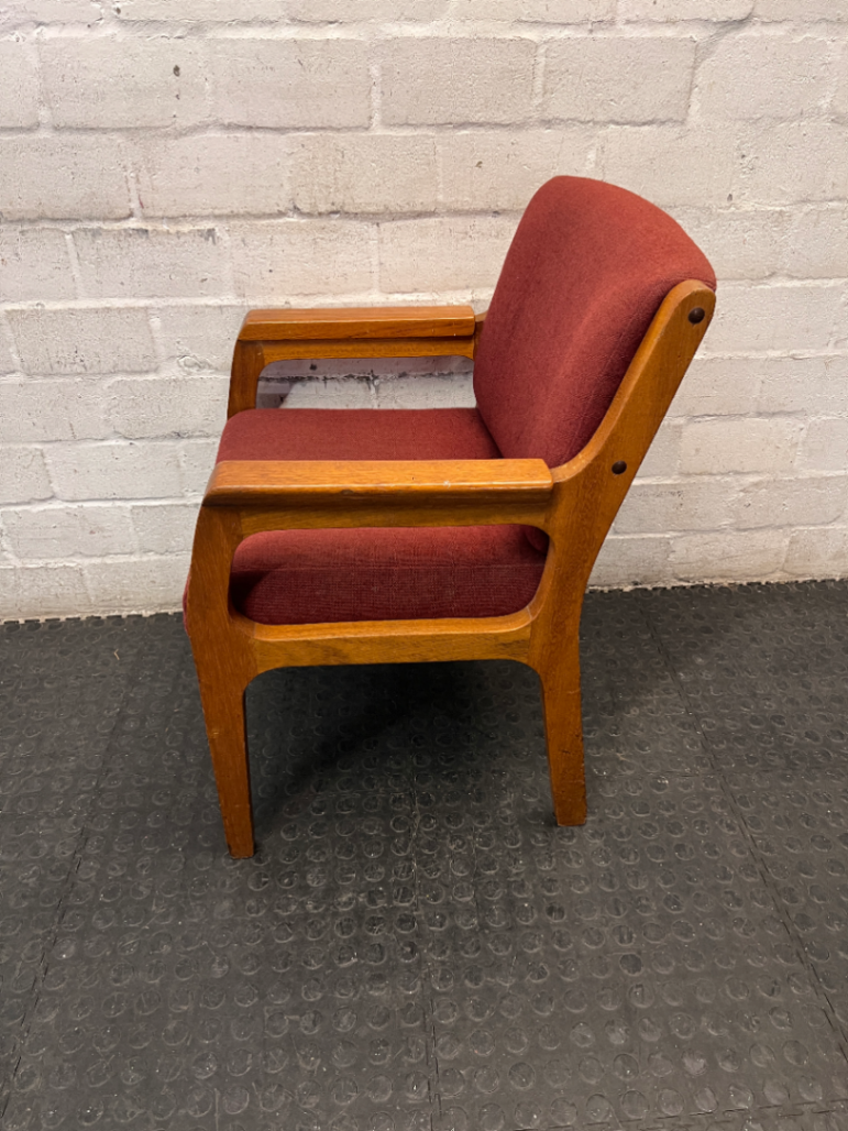Red Fabric and Wood Office Chair — Well Used with Visible Wear and Scuffs