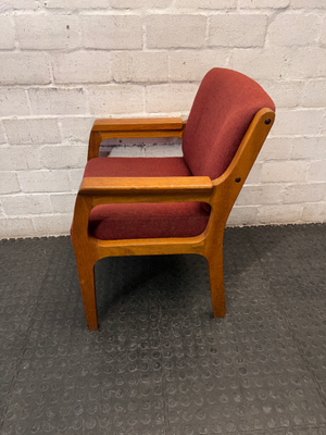 Red Fabric and Wood Office Chair — Well Used with Visible Wear and Scuffs