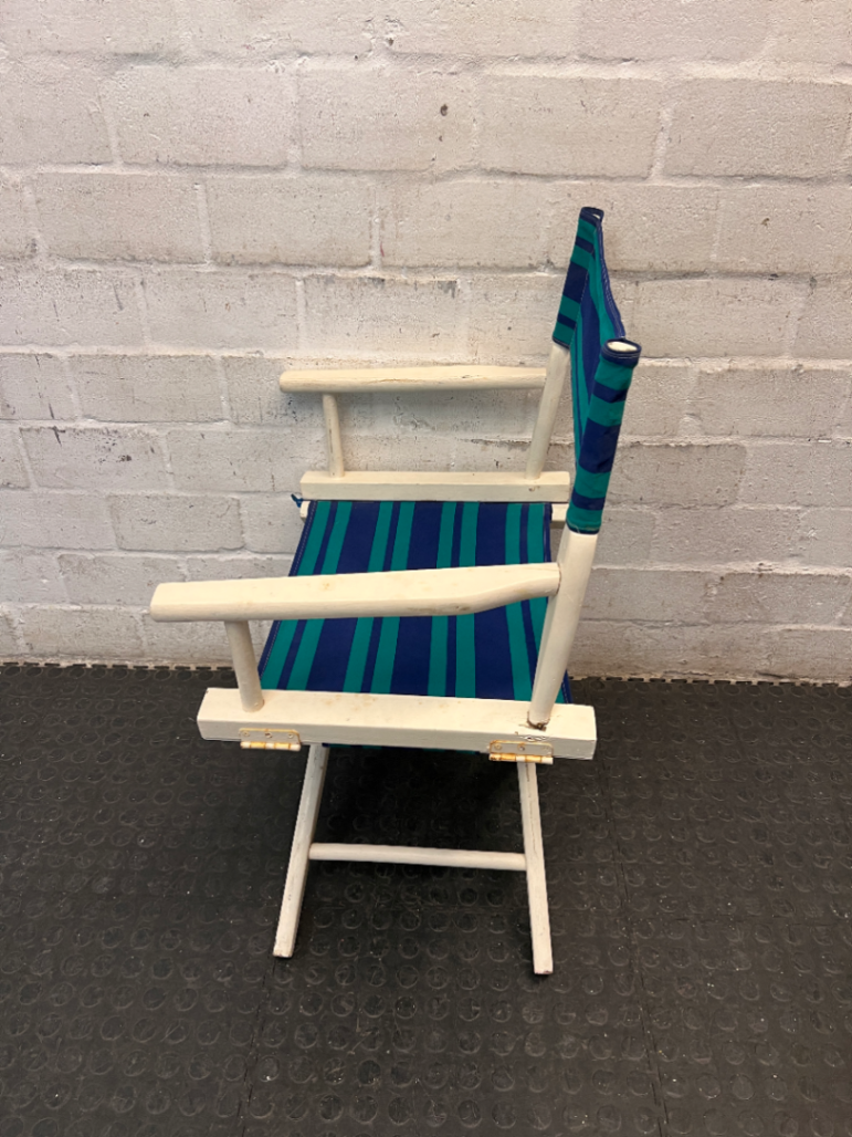Striped Wooden Folding Director Chair — Worn Condition with Structural Use Wear
