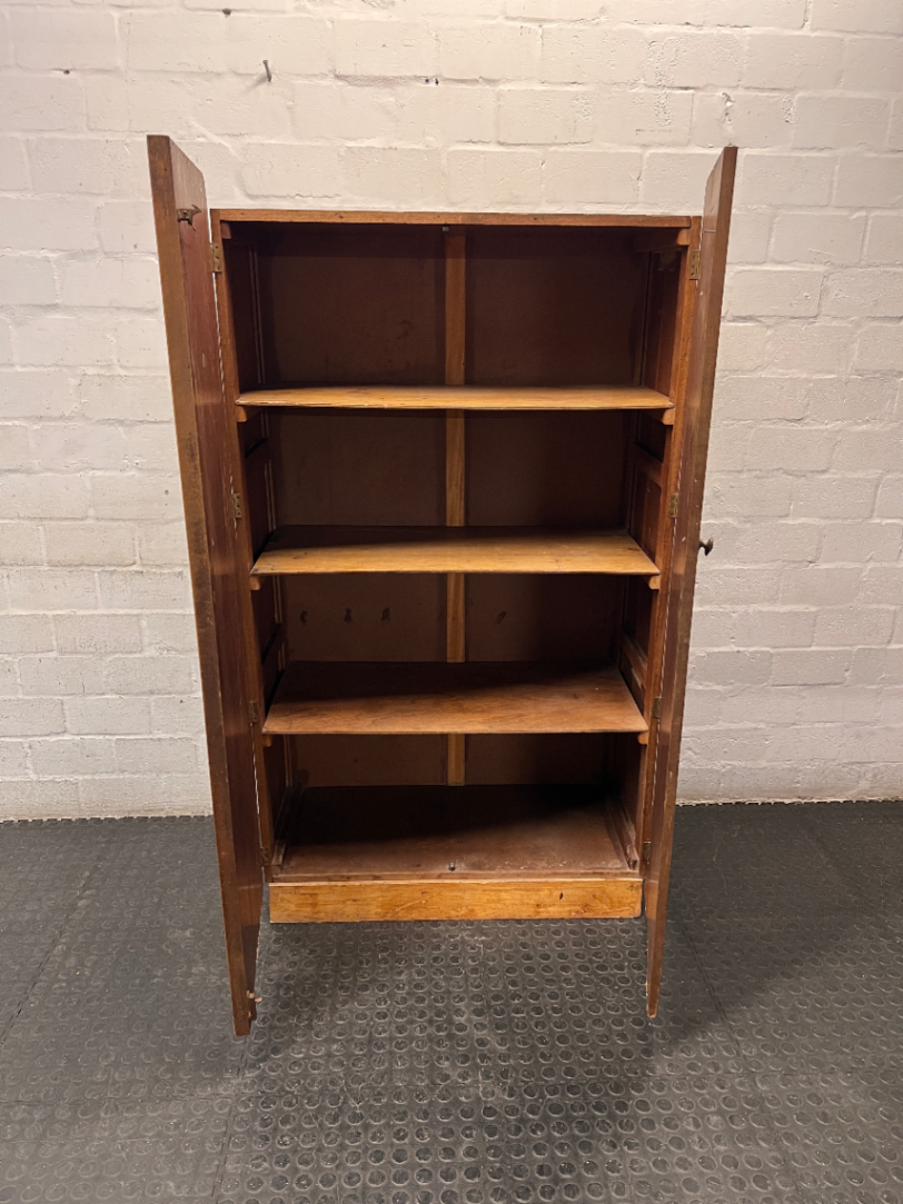 Vintage Dark Wood Two-Door Cupboard — Vintage Condition with Surface Wear and Stickers