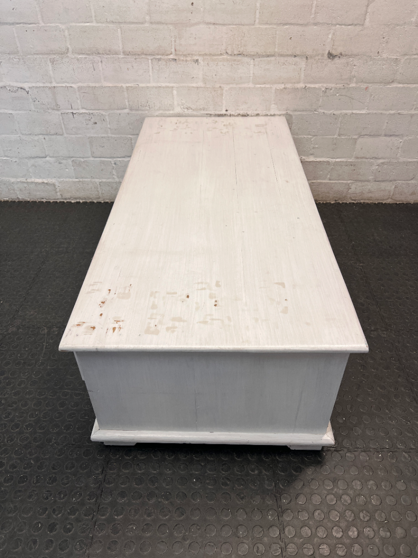 White Wooden Coffee Table with Through-Drawers — Surface Scratches and Missing Handle