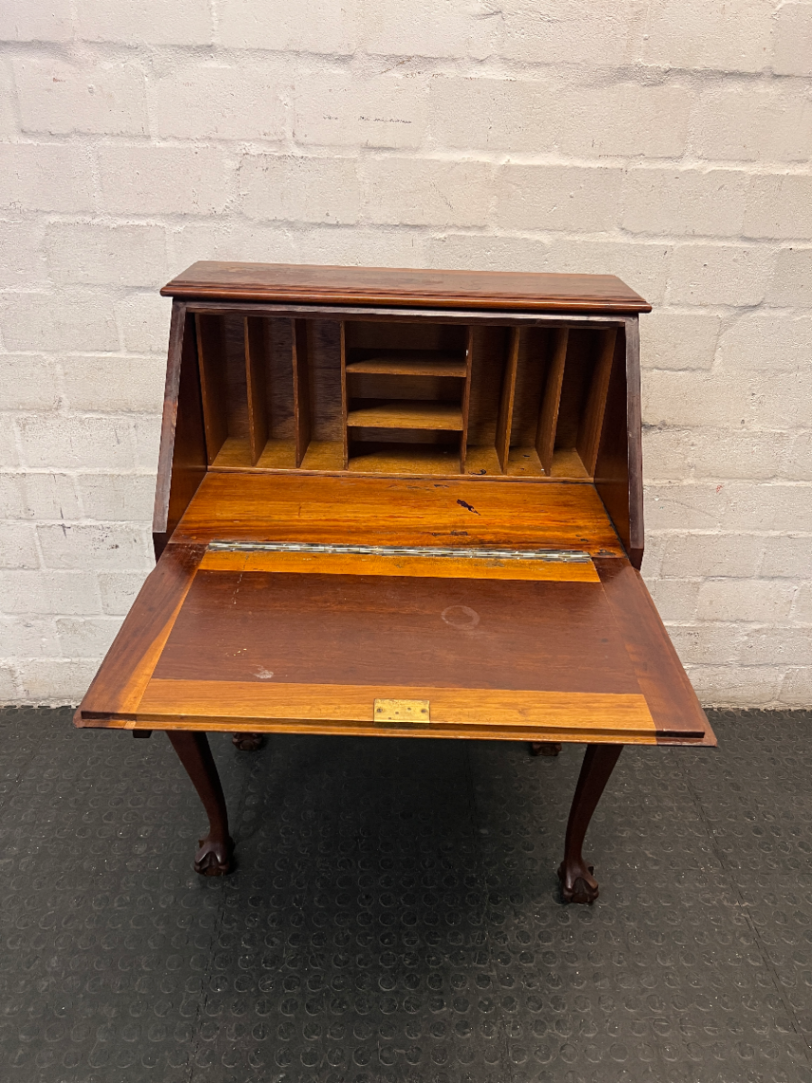 Vintage Wood Secretary Desk with Ball and Claw Feet — Broken Leg and Surface Marks