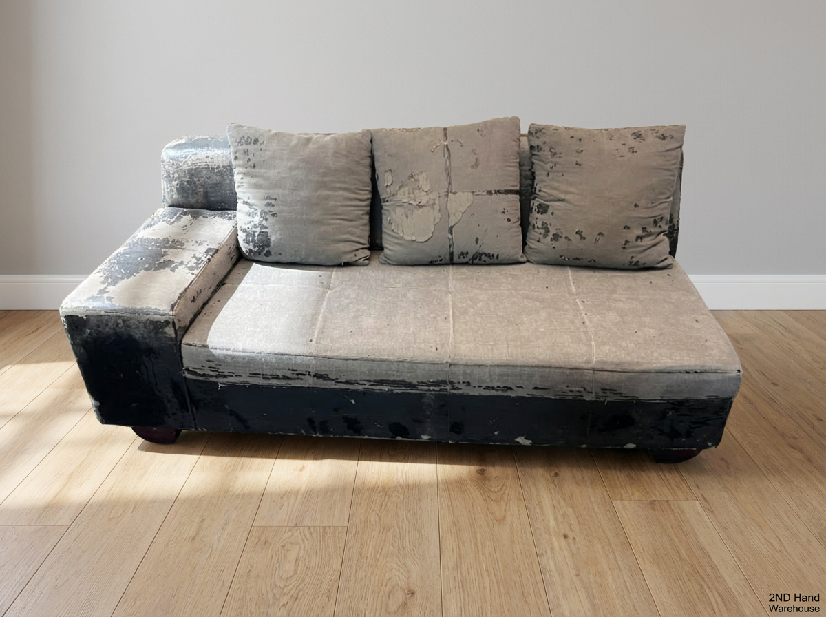 Grey Modular Sectional Couch Piece with Scatter Cushions — Damaged Condition, Requires Repolstering and Repair - 2ndhandwarehouse.com