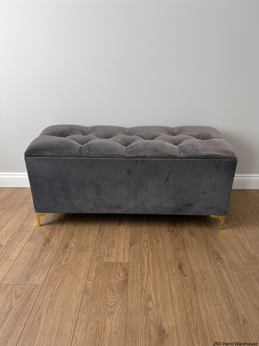 Tufted Grey Velvet Storage Ottoman with Gold Feet