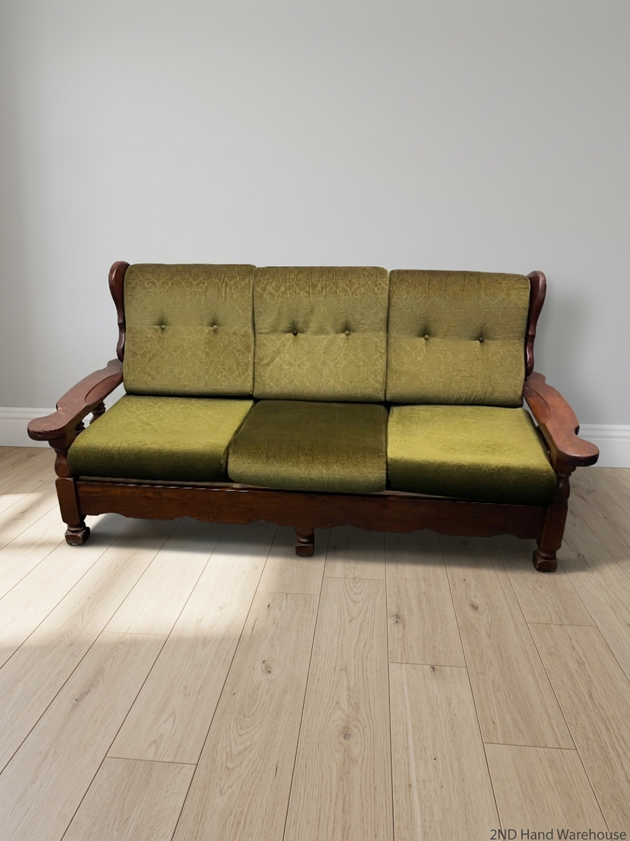 Vintage Wooden 3 Seater Couch in Olive Green