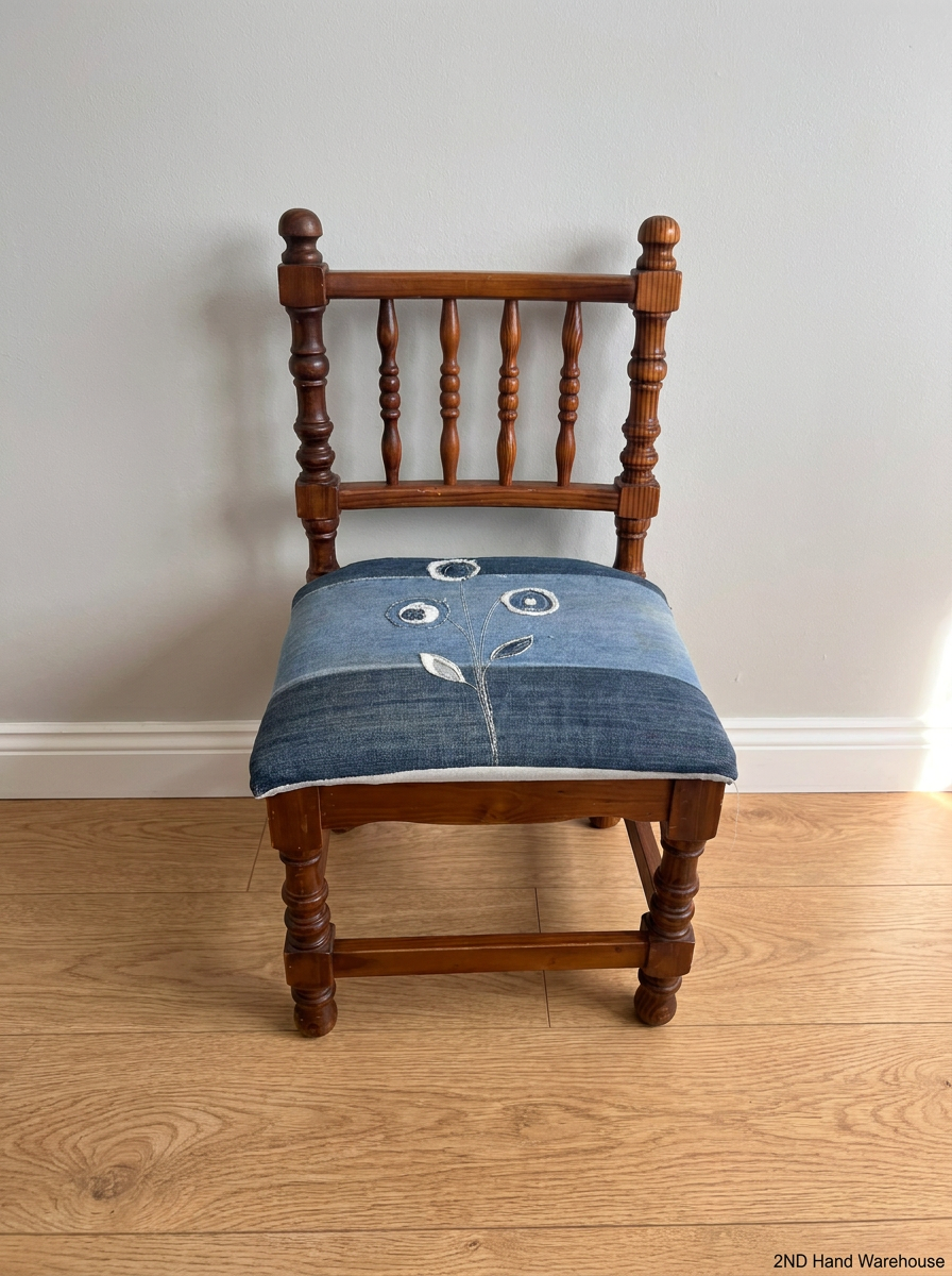 Turned Wood Dining Chair with Denim Patchwork Seat — Structural Repair Required and Altered Seat Covering - 2ndhandwarehouse.com