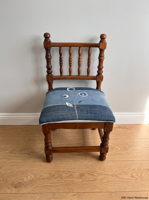 Turned Wood Dining Chair with Denim Patchwork Seat — Structural Repair Required and Altered Seat Covering - 2ndhandwarehouse.com