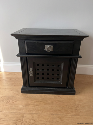 Pair of Black Lattice-Door Bedside Tables - Minor Edge Wear - 2ndhandwarehouse.com