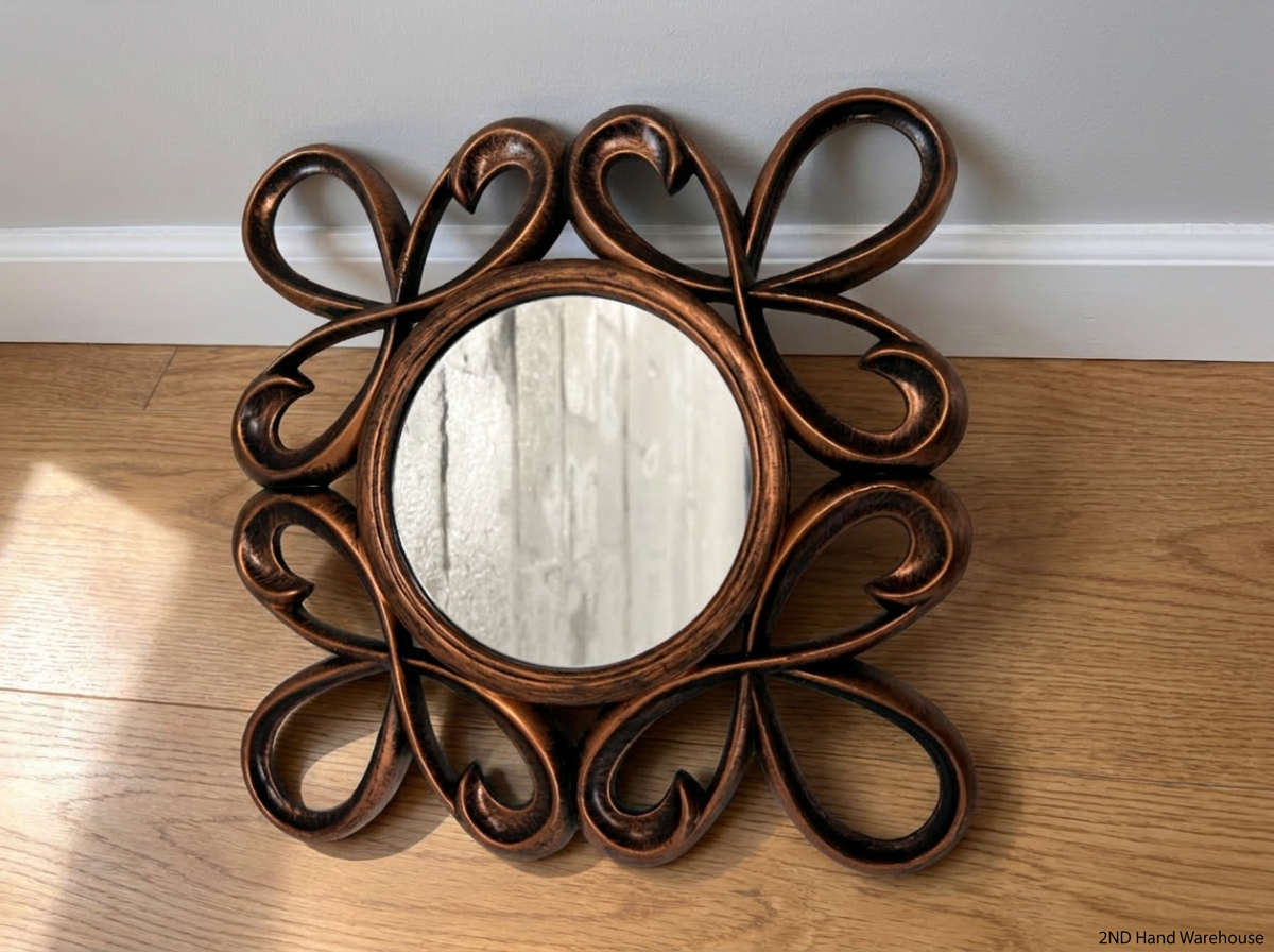 Ornate Bronze-Tone Scrollwork Wall Mirror — Good Working Order - 2ndhandwarehouse.com