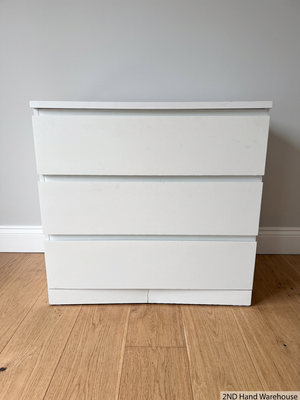 White Modern 3-Drawer Chest — Fair Condition with Surface Marks and Kickplate Crack