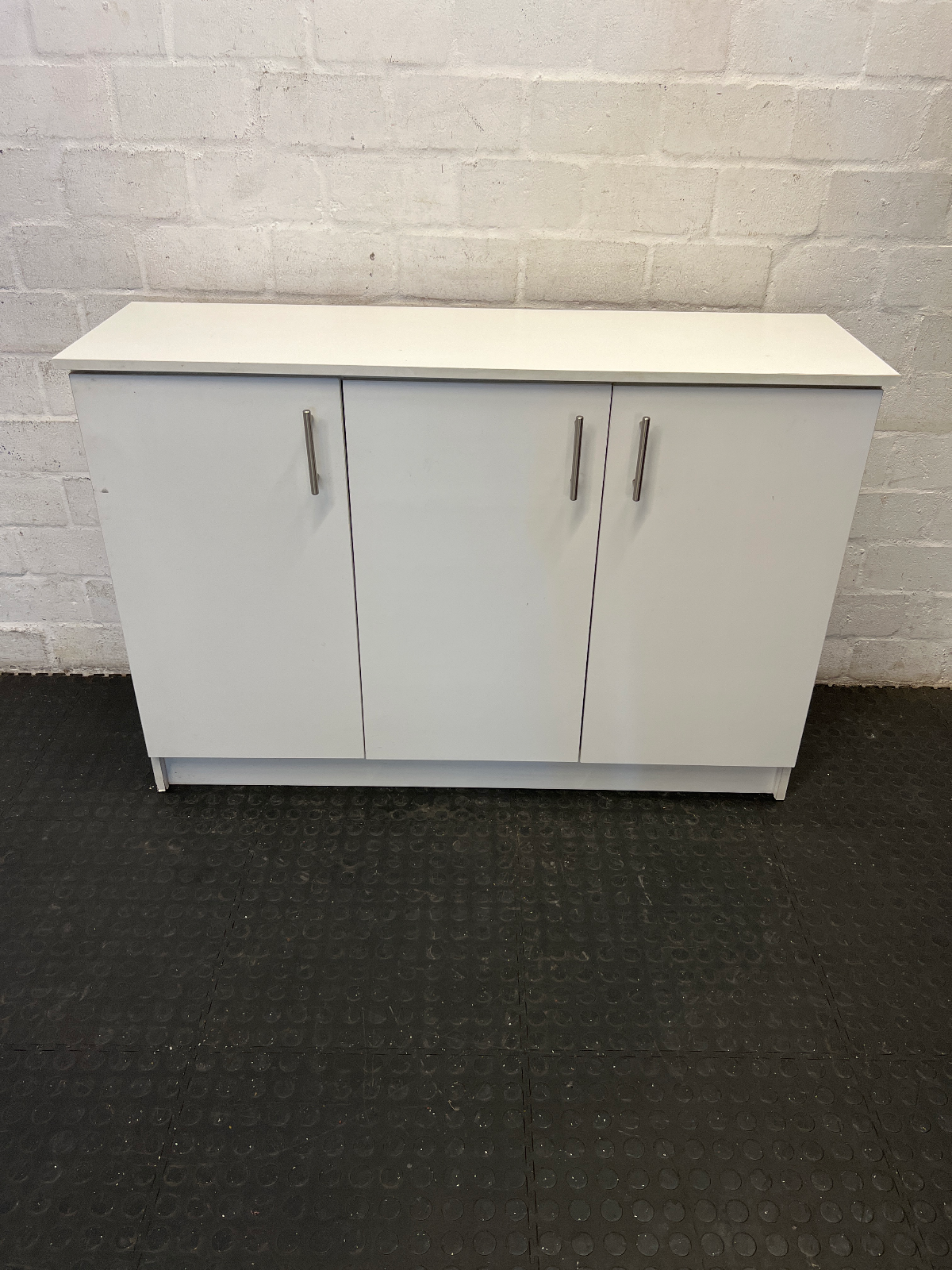 Modern 3-Door White Storage Cupboard with Silver Handles - 2ndhandwarehouse.com