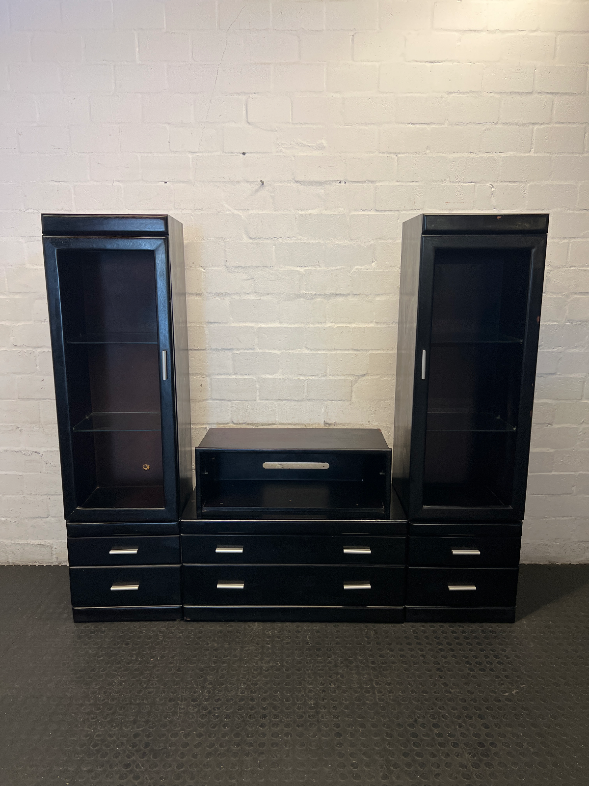 3-Piece Dark Brown Wall & TV Unit with Glass Cabinets - 2ndhandwarehouse.com
