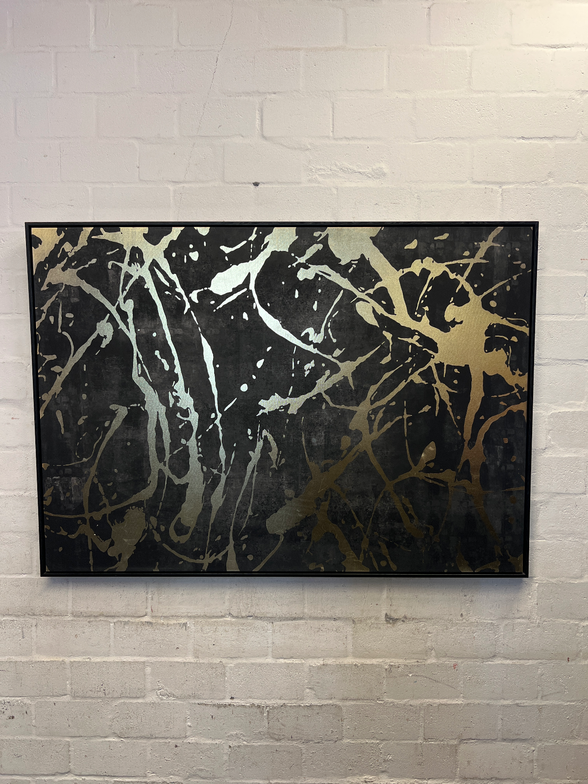Large Contemporary Abstract Metallic Splatter Art in Black Frame - 2ndhandwarehouse.com