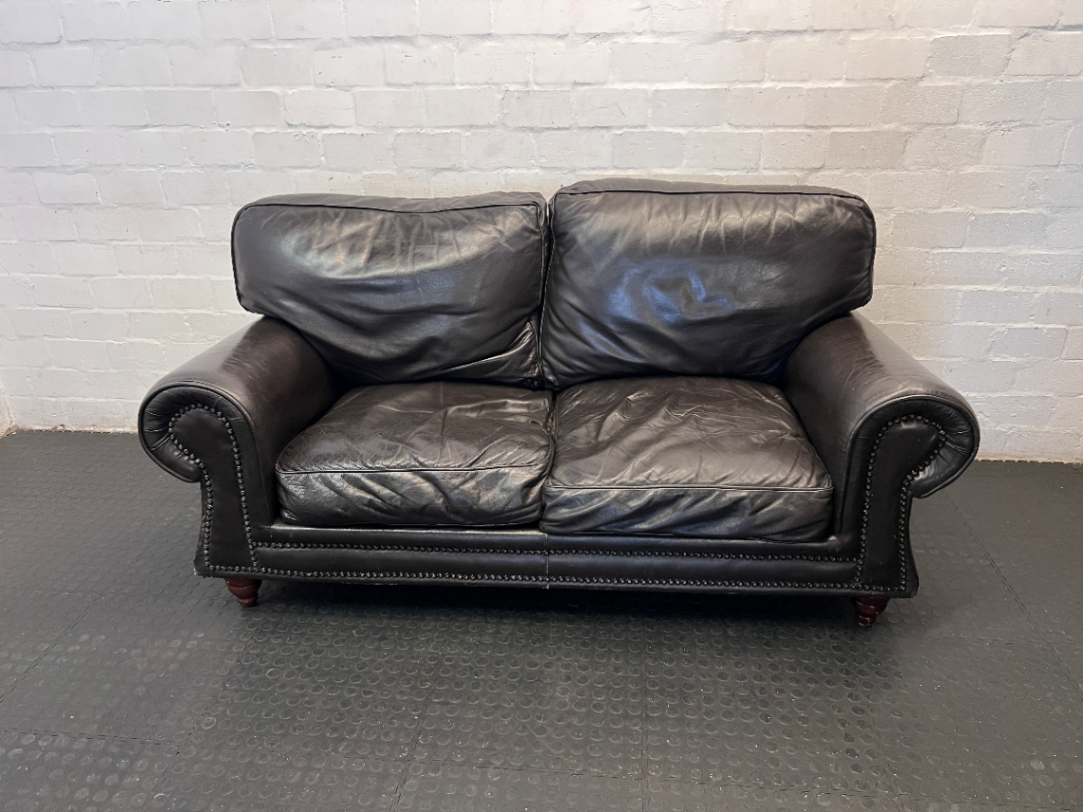 Black Genuine Leather 3-Seater Couch - Visible Leather Wear - 2ndhandwarehouse.com