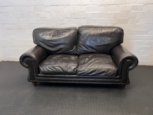 Black Genuine Leather 3-Seater Couch - Visible Leather Wear - 2ndhandwarehouse.com