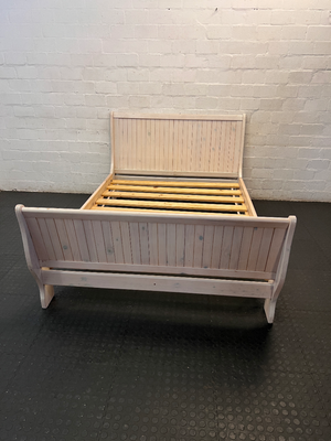 White-Wash Wooden Double Bed Frame with Slats - Fair Condition - 2ndhandwarehouse.com