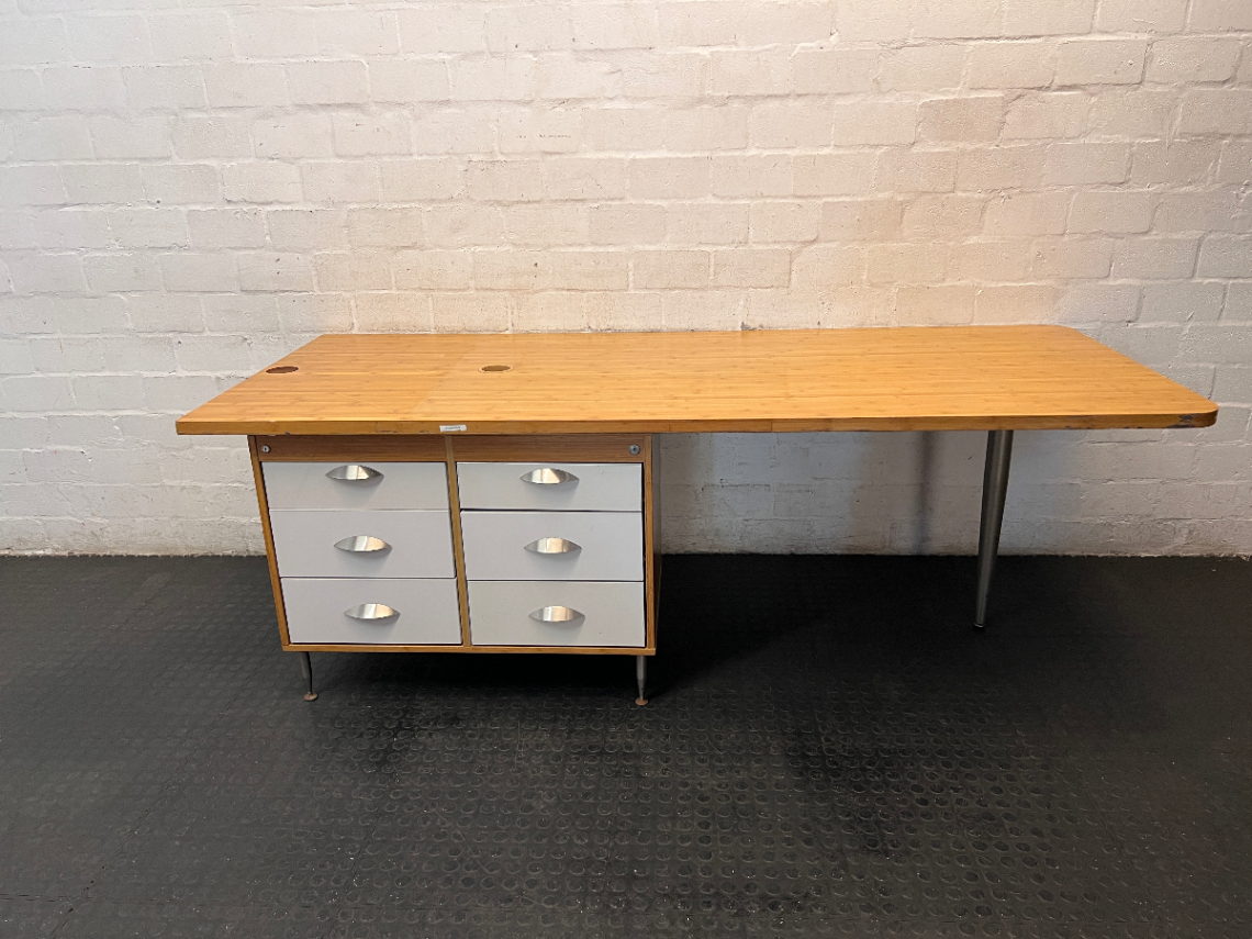 Modern Light Wood Office Desk with 6-Drawer Pedestal - 2ndhandwarehouse.com