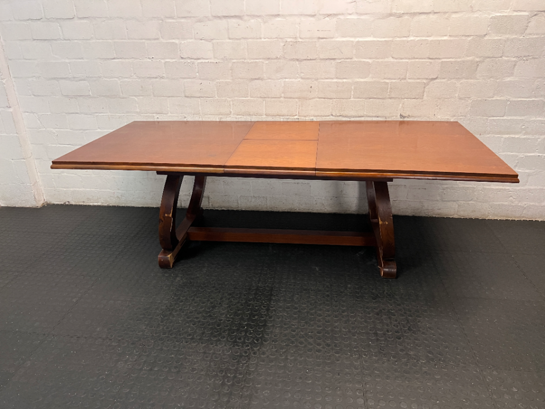 Brown Timber Dining Set with 6 Upholstered Chairs — Damaged Chair Seats and Stained Sideboard Top - 2ndhandwarehouse.com