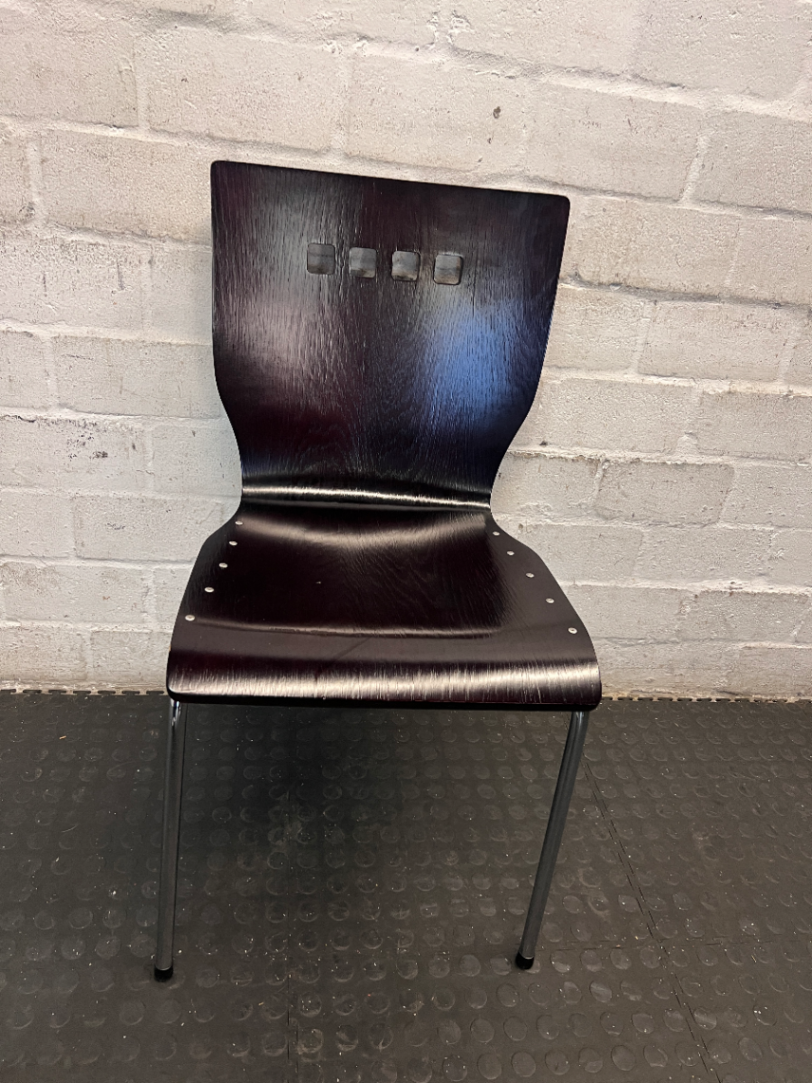 Dark Wood Veneer Dining Chair with Chrome Legs — Arm Rests Scuffed - 2ndhandwarehouse.com