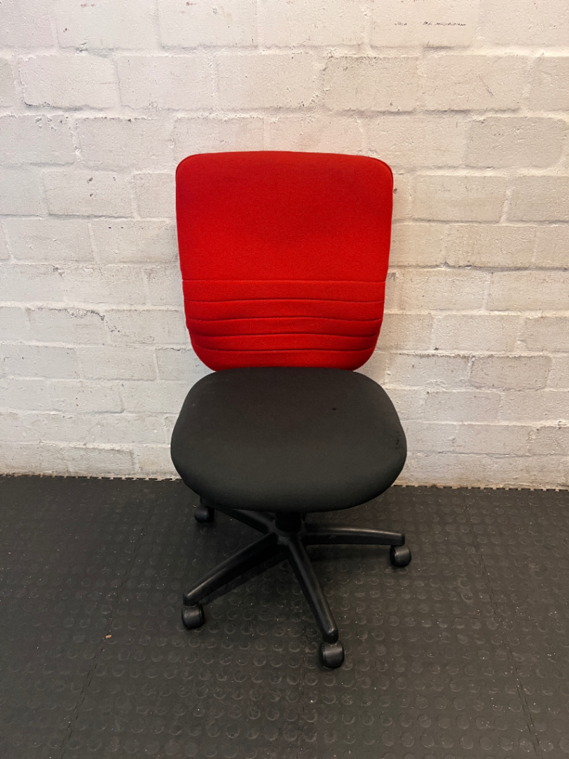 Red and Black Armless Swivel Office Chair — Scuffed Arm Rests - 2ndhandwarehouse.com