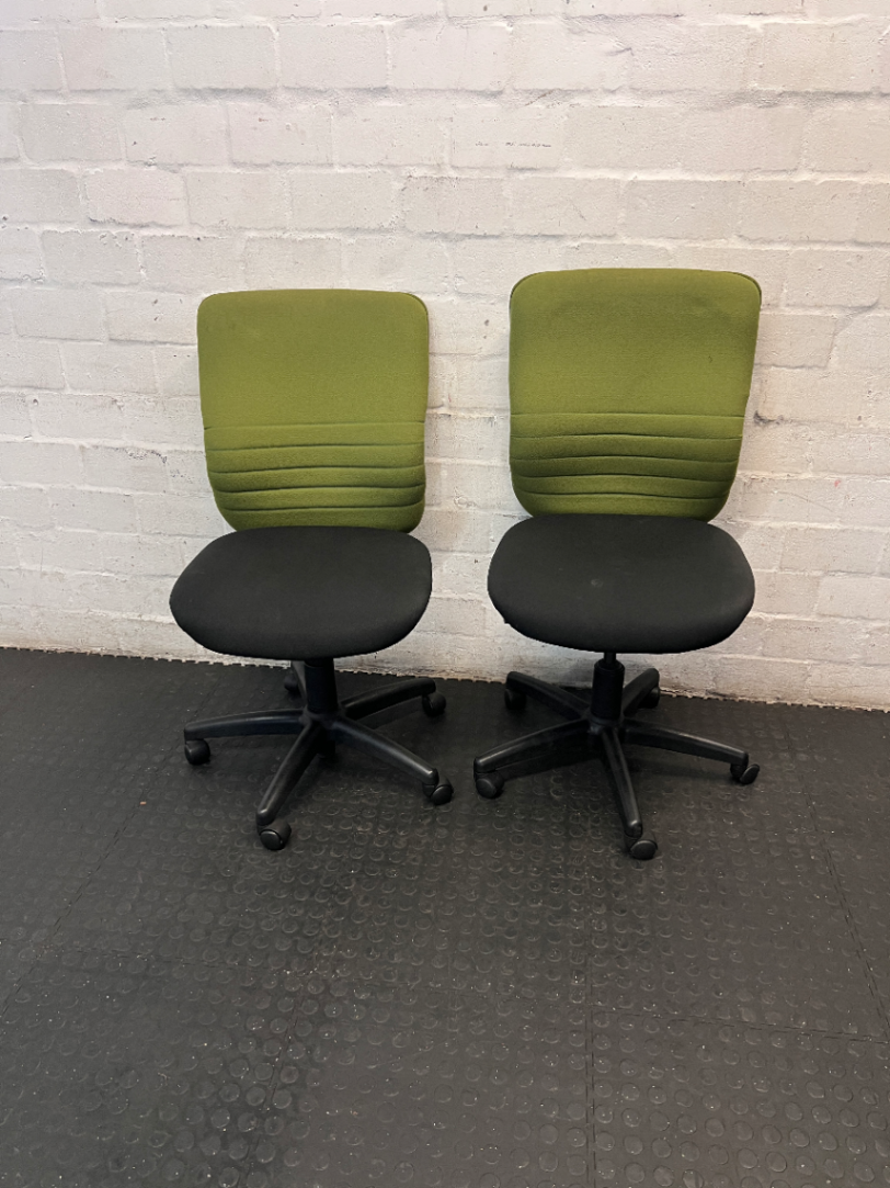 Two-Tone Green and Black Armless Swivel Office Chair — Scuffed Armrests and Well Used Condition - 2ndhandwarehouse.com