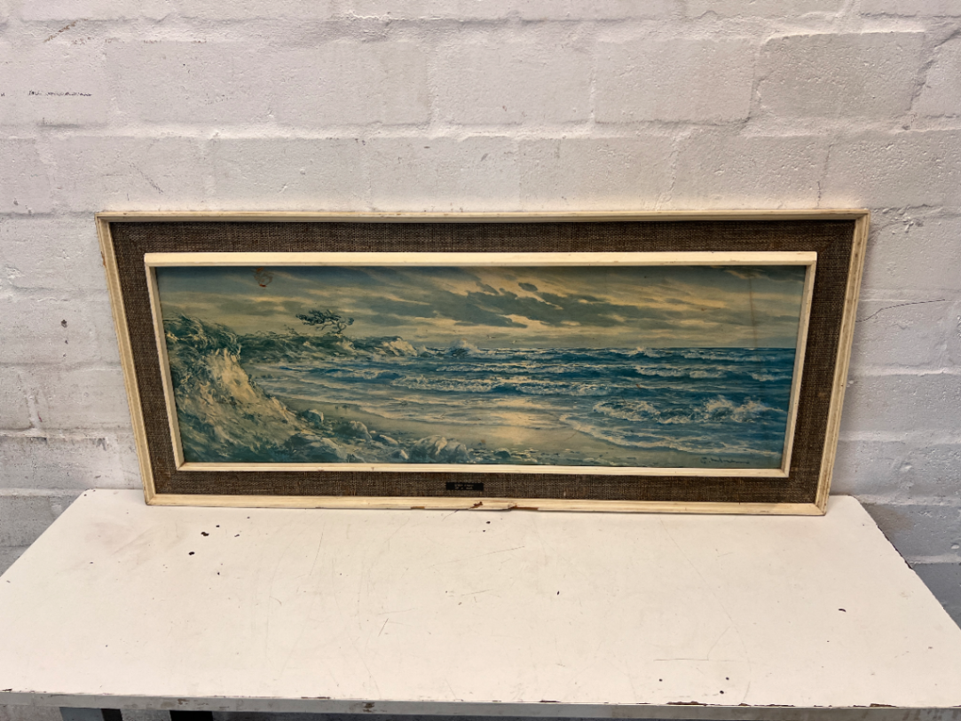 Vintage Seascape Painting with Hessian Border Frame — Stains on Canvas and Chipped Frame - 2ndhandwarehouse.com