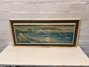 Vintage Seascape Painting with Hessian Border Frame — Stains on Canvas and Chipped Frame - 2ndhandwarehouse.com