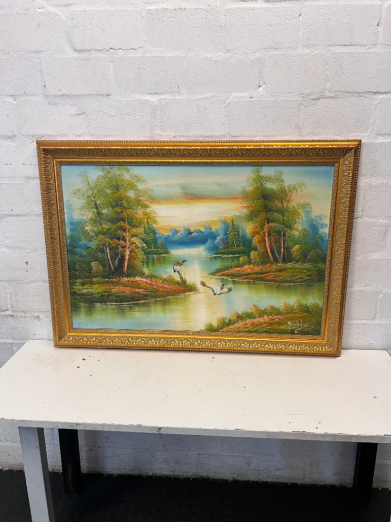 Ornate Framed Scenic River Landscape Painting — Good Condition - 2ndhandwarehouse.com