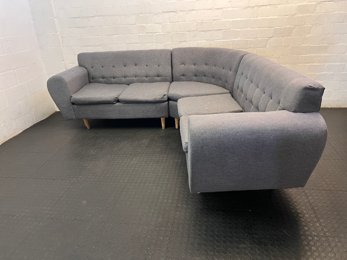Grey Fabric Tufted L-Shape Couch — Worn Seating Cushions and Skew Feet - 2ndhandwarehouse.com