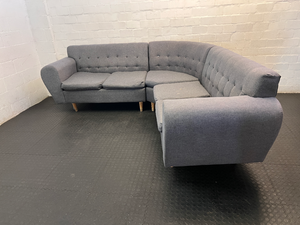 Grey Fabric Tufted L-Shape Couch — Worn Seating Cushions and Skew Feet - 2ndhandwarehouse.com