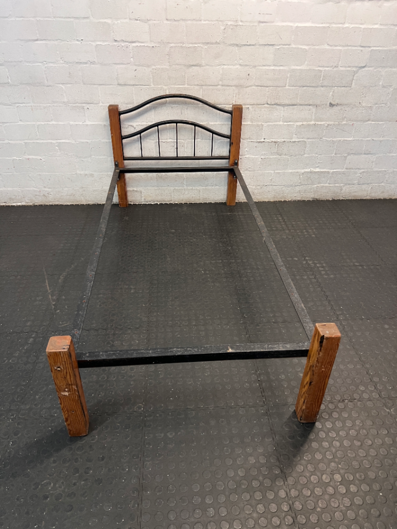 Single Bed Frame with Wood and Arched Metal Headboard - 2ndhandwarehouse.com