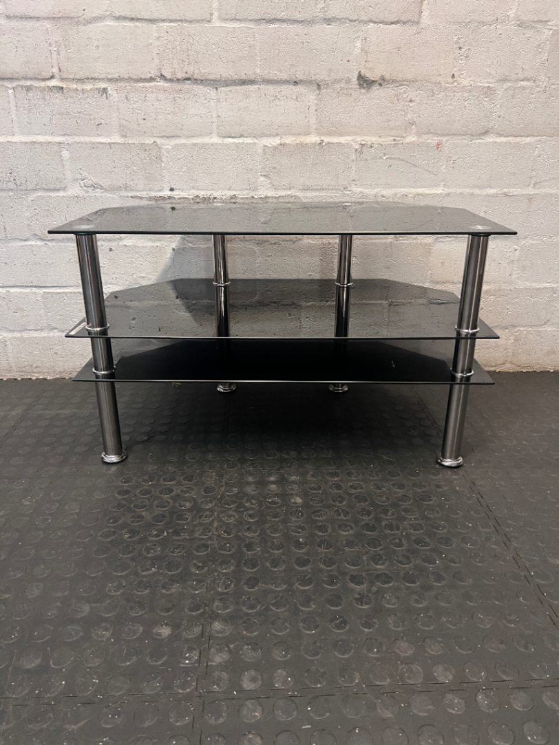Black Glass 3-Tier TV Unit with Chrome Legs — Clean Condition with No Visible Faults - 2ndhandwarehouse.com