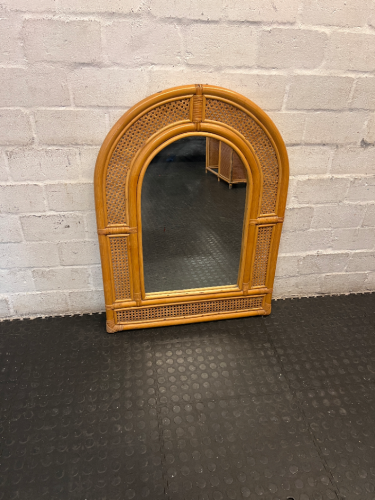 Arched Rattan and Cane Webbing Wall Mirror — Good Condition - 2ndhandwarehouse.com