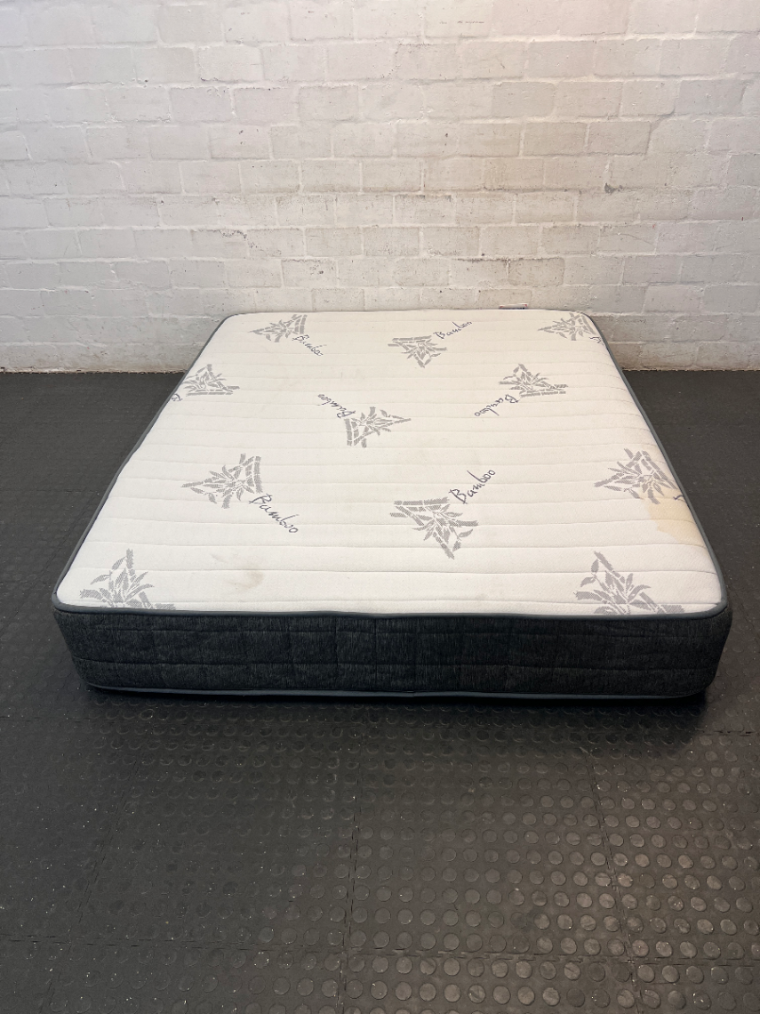 Queen Size Bamboo Motif Mattress with Grey Side Panels — Fair Condition with Visible Staining - 2ndhandwarehouse.com