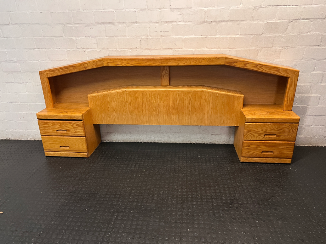 Light Oak Queen Headboard with Pedestals and Shelving — Water Damage on Dressing Table Surface - 2ndhandwarehouse.com