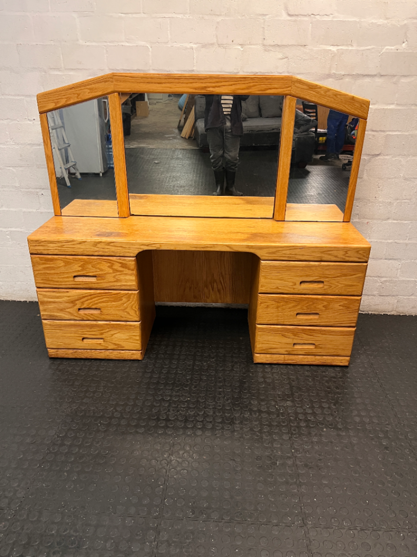 Wooden Dressing Table with Triple Mirror and Six Drawers — Good Working Order - 2ndhandwarehouse.com