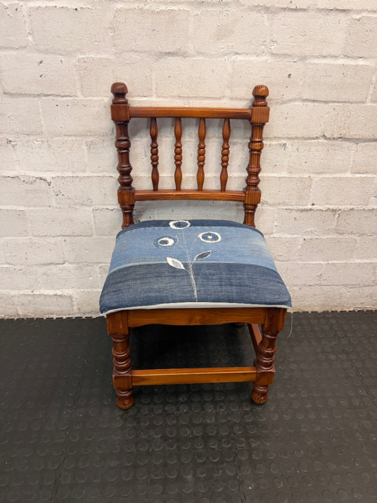 Turned Wood Dining Chair with Denim Patchwork Seat — Structural Repair Required and Altered Seat Covering - 2ndhandwarehouse.com
