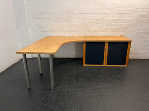 Light Oak L-Shaped Office Desk with Roller Shutter Credenza — Good Working Order with Water Damage on Surface - 2ndhandwarehouse.com