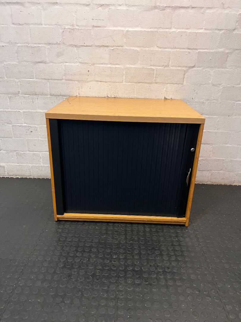 Wood Finish Office Credenza with Black Tambour Door — Good Working Order - 2ndhandwarehouse.com
