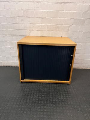 Wood Finish Office Credenza with Black Tambour Door — Good Working Order - 2ndhandwarehouse.com