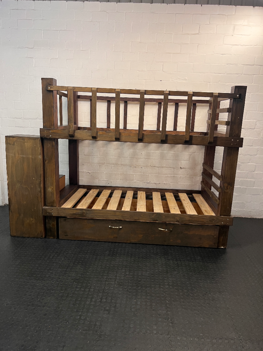 Dark Stained Pine 3/4 Bunk Bed with Storage Steps — Requires Disassembly and Assembly - 2ndhandwarehouse.com