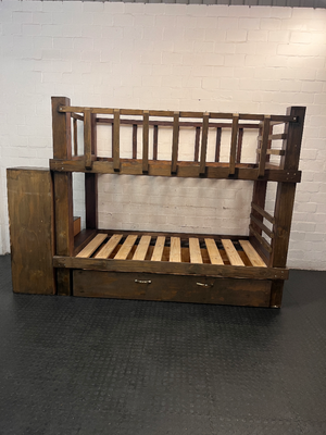 Dark Stained Pine 3/4 Bunk Bed with Storage Steps — Requires Disassembly and Assembly - 2ndhandwarehouse.com