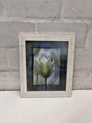 White Rustic Wooden Picture Frame with Tulip Print — Good Working Order - 2ndhandwarehouse.com