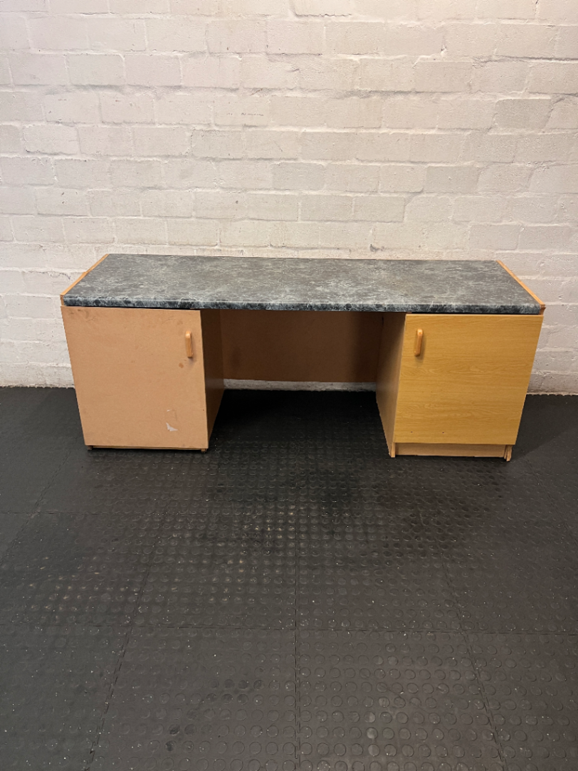 Grey Marble-Effect Top Office Desk with Side Cupboards — Backing Loose and Fragile Structure - 2ndhandwarehouse.com