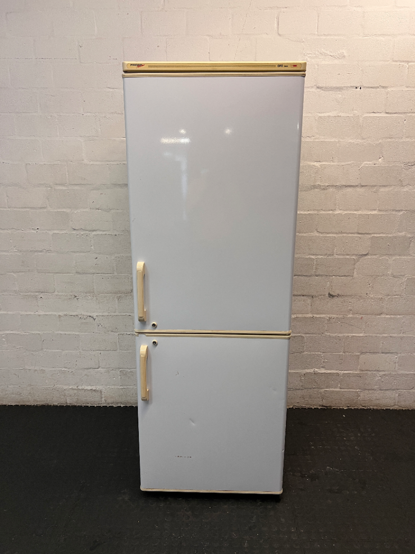 Fridge Master White Bottom Mount Fridge Freezer — Working Order with Scrapemarks in Freezer - 2ndhandwarehouse.com