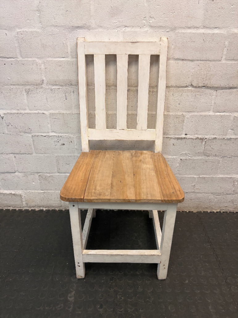 Two-Tone Pine Dining Chair with White Slatted Back — Visible Paint Wear and Surface M - 2ndhandwarehouse.com