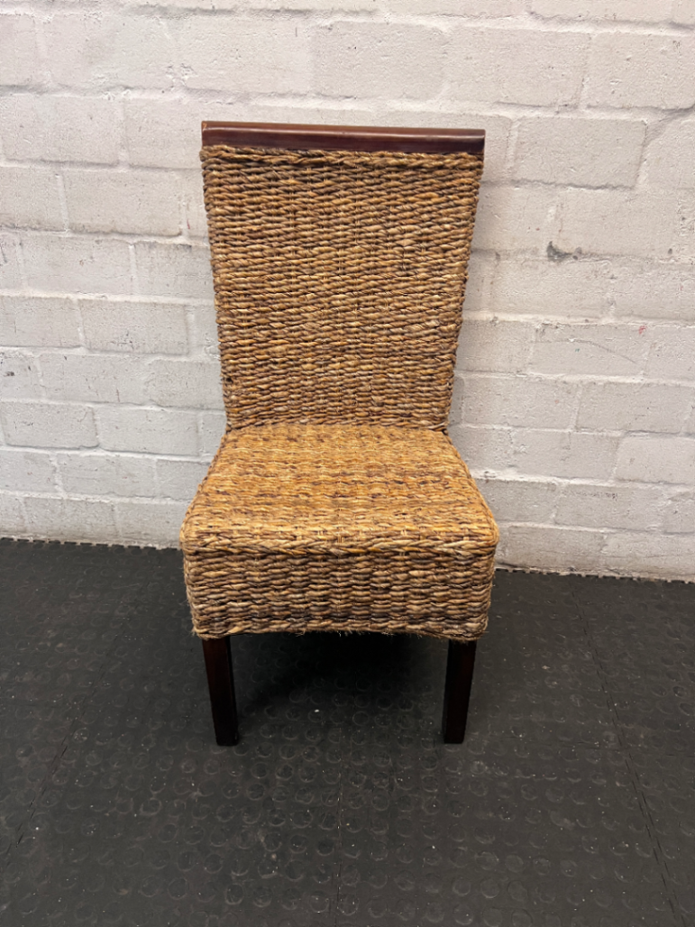 Woven Natural Fibre Dining Chair with Dark Wood Trim - 2ndhandwarehouse.com