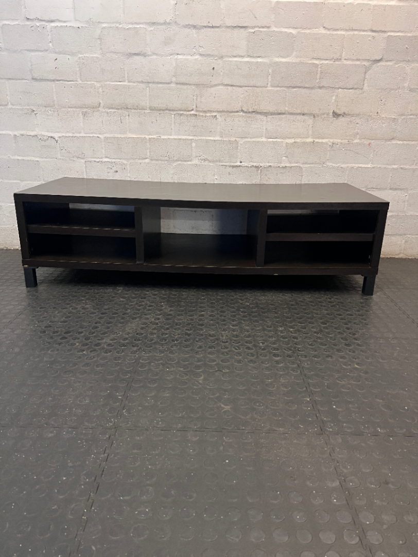 Dark Brown Low-Profile TV Unit with Open Shelving — Multiple Broken Legs and Surface W - 2ndhandwarehouse.com