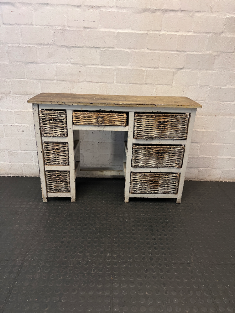 Distressed White Sideboard with Wicker Basket Drawers — Average Condition with Surface W - 2ndhandwarehouse.com